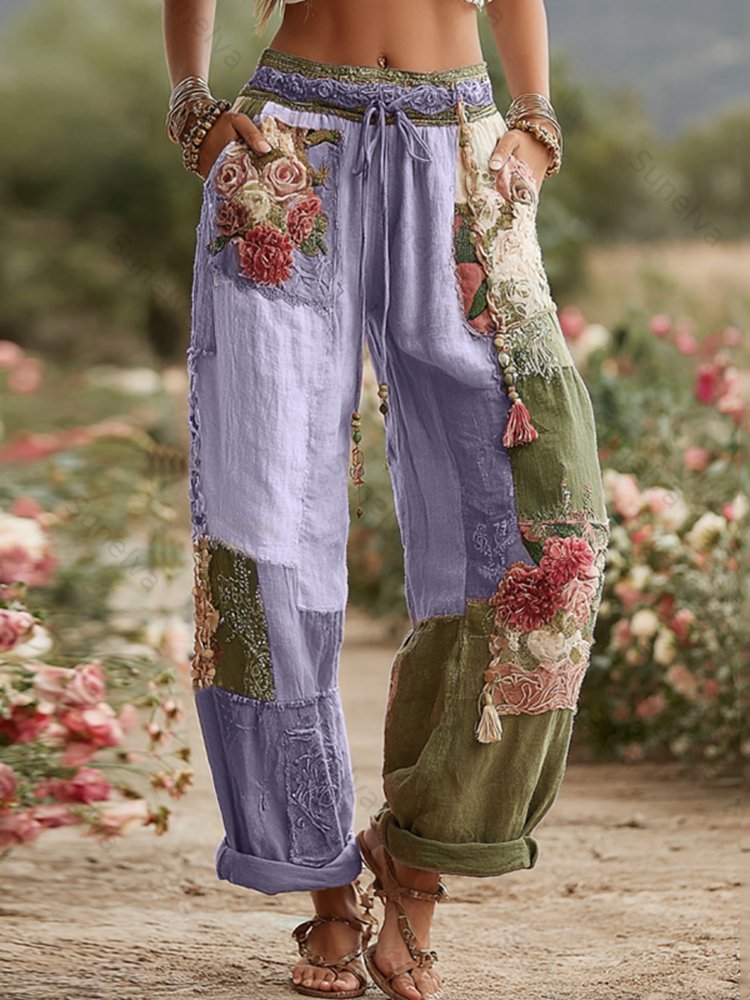Love & Health Collection Retro Rose And Floral Patchwork Art Linen Pants b32c