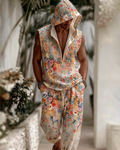 Men's Fashion Color-Blocked Printed Sleeveless Hooded Sweatshirt and Pants Two-Piece Set 7932