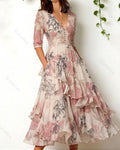 Women's Retro Elegant Floral Print Irregular Ruffle Patchwork Linen Dress 1338