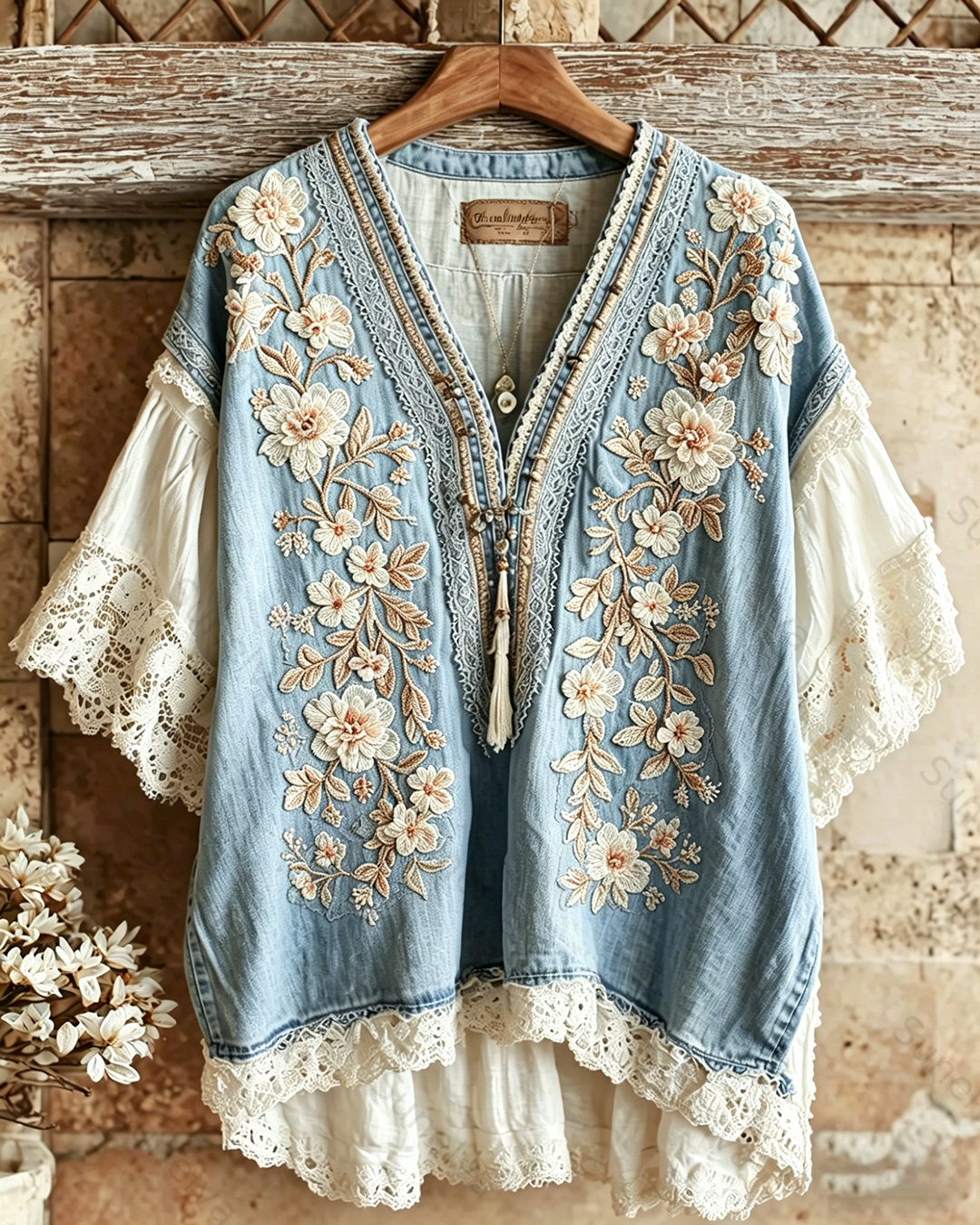 Women's Summer Floral Embroidered Color-Blocked Short-Sleeve Top 2141