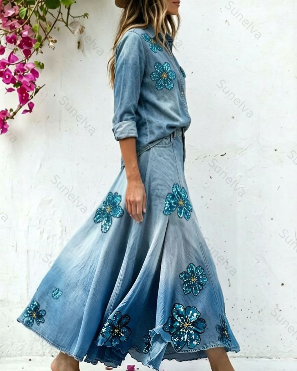 Women's Summer Floral Embroidered Washed Denim Shirt & Skirt Two-Piece Set 9076