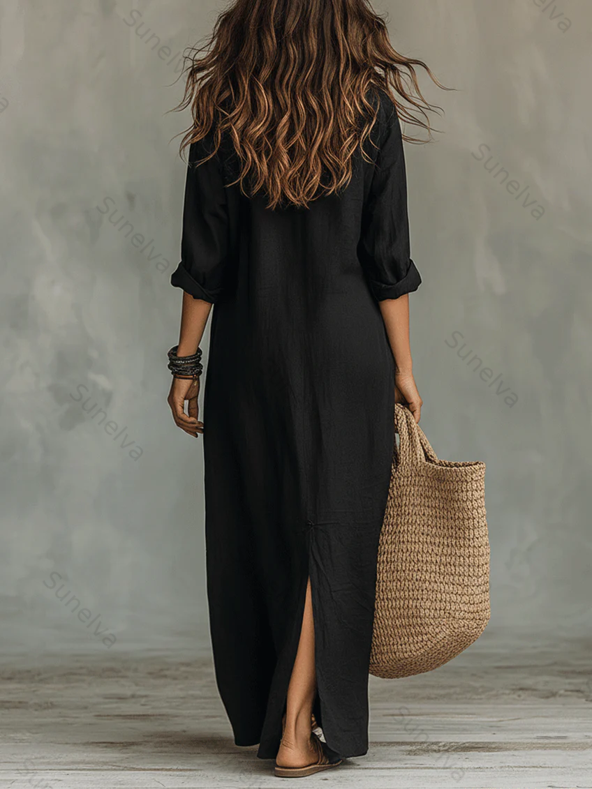 Casual Solid-color Linen-cotton Dress 4b10