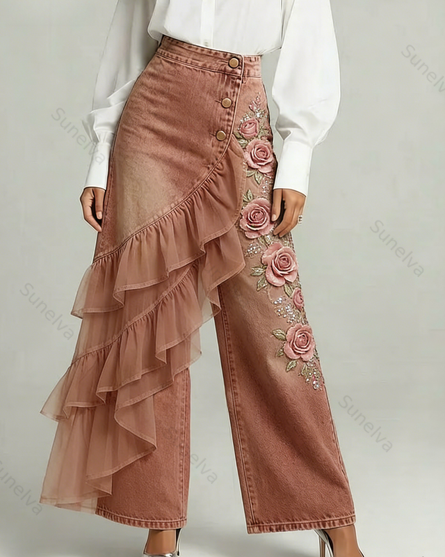 Women's Summer Elegant Floral Embroidery Ruffled Patchwork Gradient Denim Jeans  1650