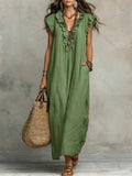 Women's Solid Color Ruffled Art Casual Fashion Cozy Cotton Linen Dress 5e35