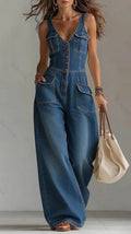Women's Washed Denim Loose-Fit Sleeveless Jumpsuit with Straps 4379