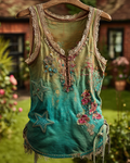 Spring/Summer Bohemian Style Color-Blocked Denim Linen Top6770