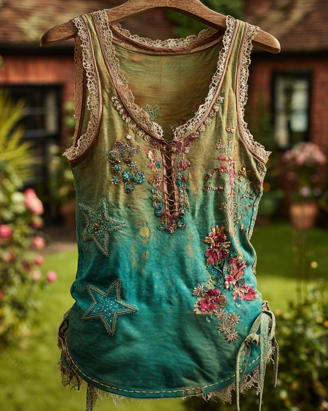 Spring/Summer Bohemian Style Color-Blocked Denim Linen Top6770