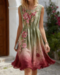 Women's Summer Elegant Floral Embroidery Tie-Dye Linen Sleeveless Dress  7515