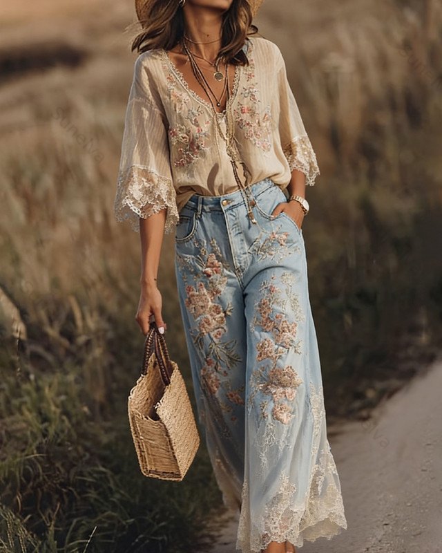 Women's Resort Style Floral Embroidered Linen Top & Pants Two-Piece Set  3587