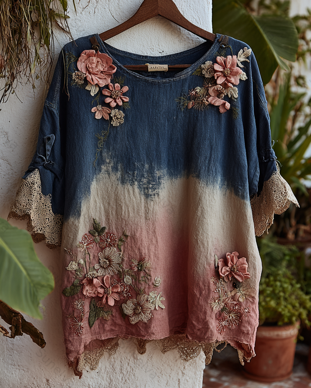 Women's Tie-dye Lace Patchwork Flowers Embroidery Blouse 6923