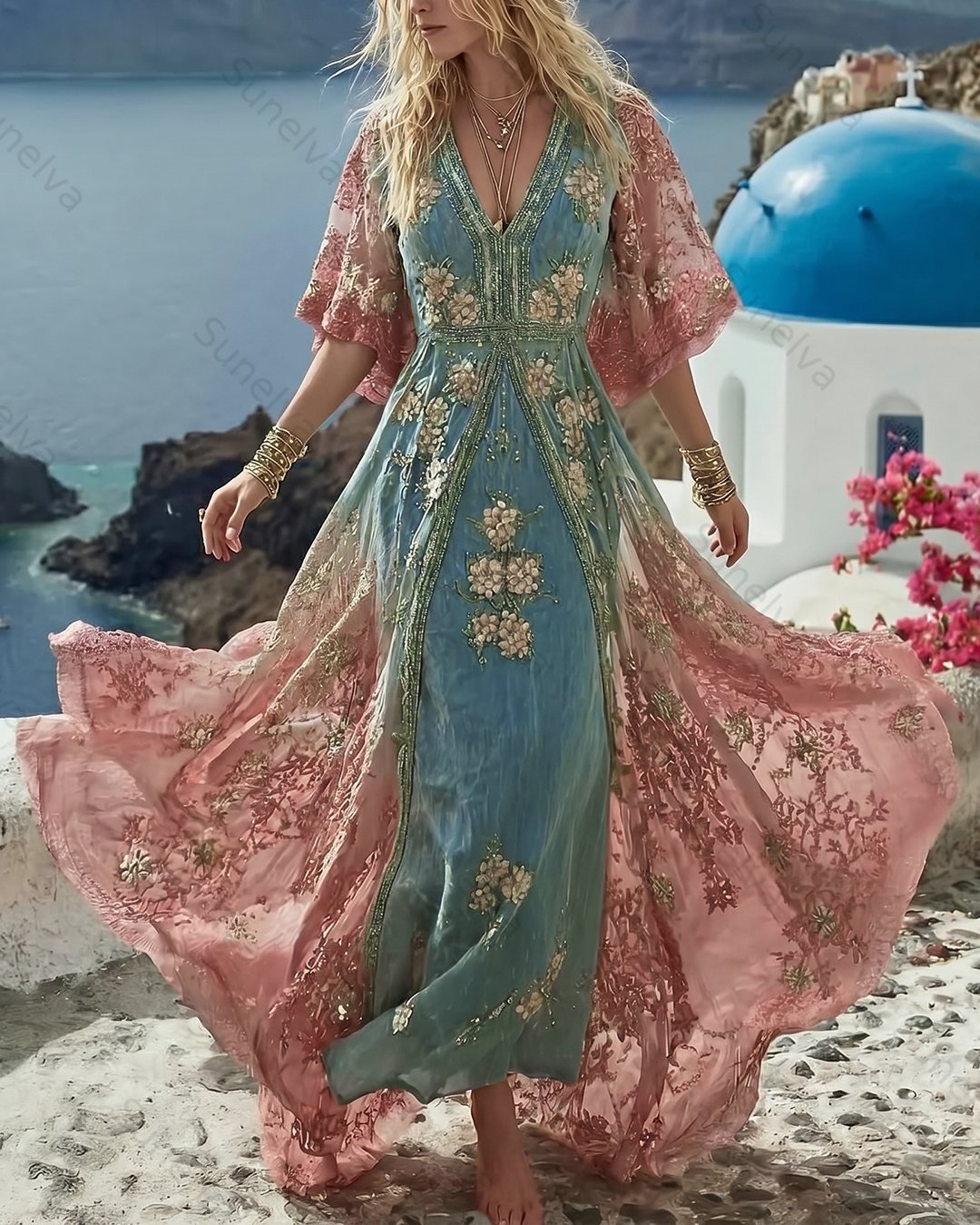 Women's Vacation Flowers Embroidery Linen Patchwork Dress 2784