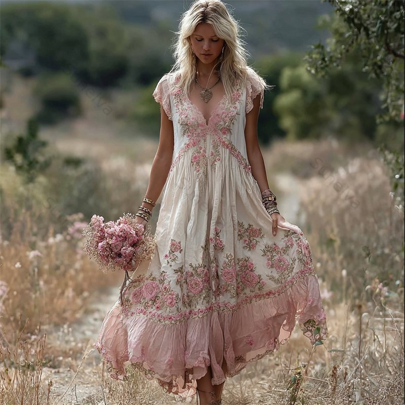 Boho Pink Floral Embroidered Lace Trim Flowy Linen Maxi Dress 1747