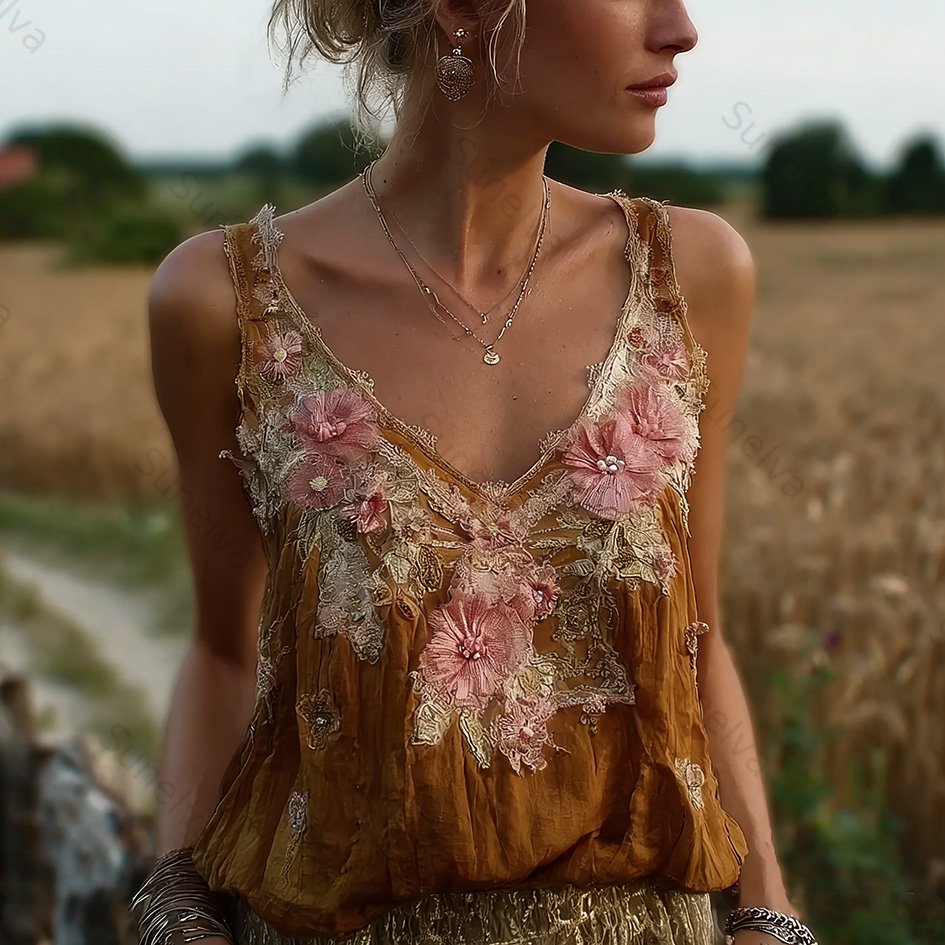 Bohemian Retro Pink Floral Pattern Women's Sleeveless Thin Shoulder Strap Vest 8990