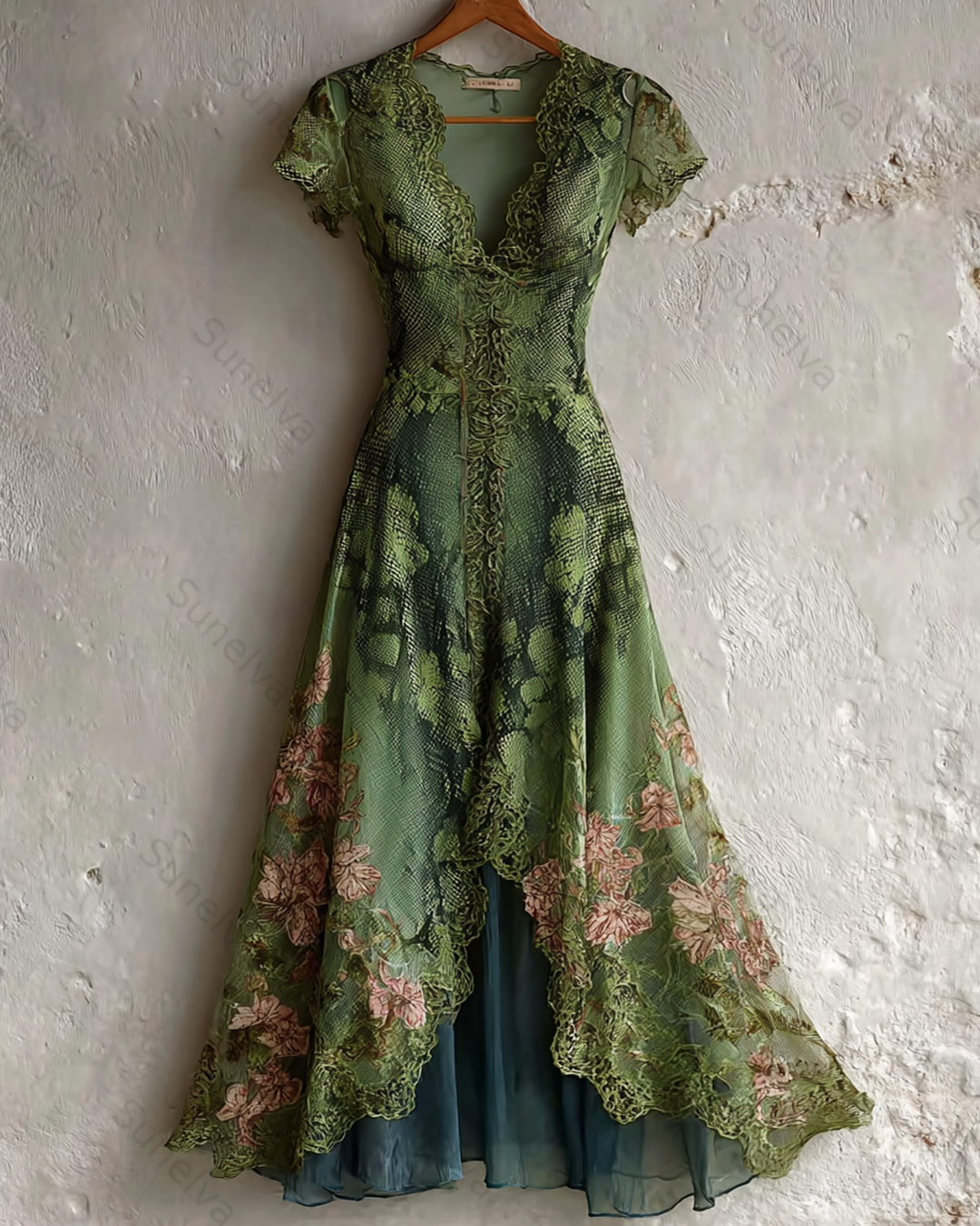 Women's Elegant Snake Flowers Print Irregular Mesh Dress 9640