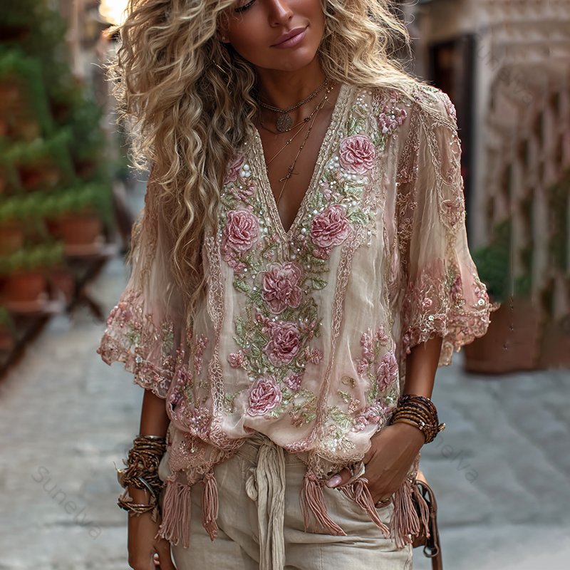 Women's Vintage Rose Embroidery Art Comfy Linen Shirts a266