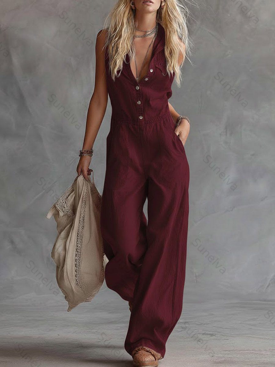 Women's Solid Color Shirt Collar Sleeveless Casual Loose Cotton And Linen Wide-leg Jumpsuit 88df