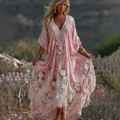 Women Vintage Pink Floral Art Linen Blend Casual Maxi Dress 79ee