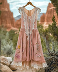 Women's Summer Floral Embroidered Patchwork Linen Dress 6531