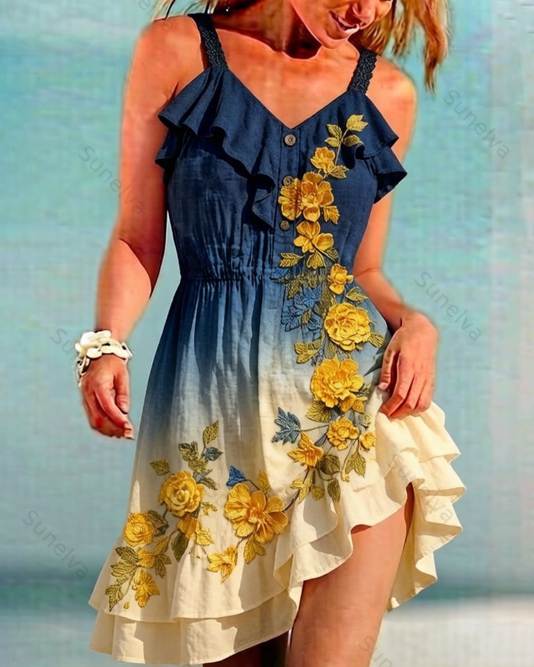 Women's Elegant Asymmetrical Ruffled Denim Patchwork Linen Floral Dress 5083