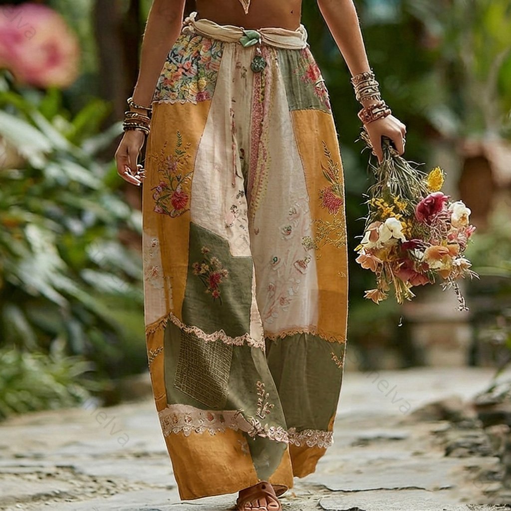 Women's Rose Floral Patchwork Casual Resort Linen Blend Pants 5e63