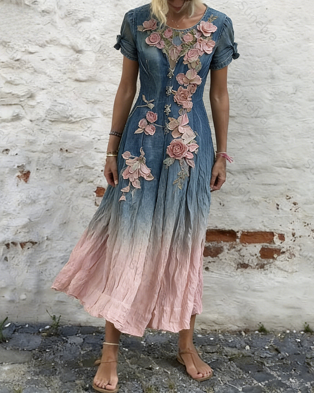 Women's Vacation Irregular Ruffle Flowers Embroidery Patchwork Dress 8704
