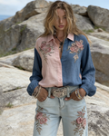 Women's Spring Elegant Floral Embroidery Color-Blocked Linen Shirt 5149