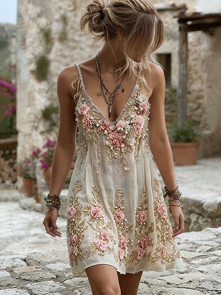 Women's Pink Rose Embroidery Art Suspender Mini Dress b7f9