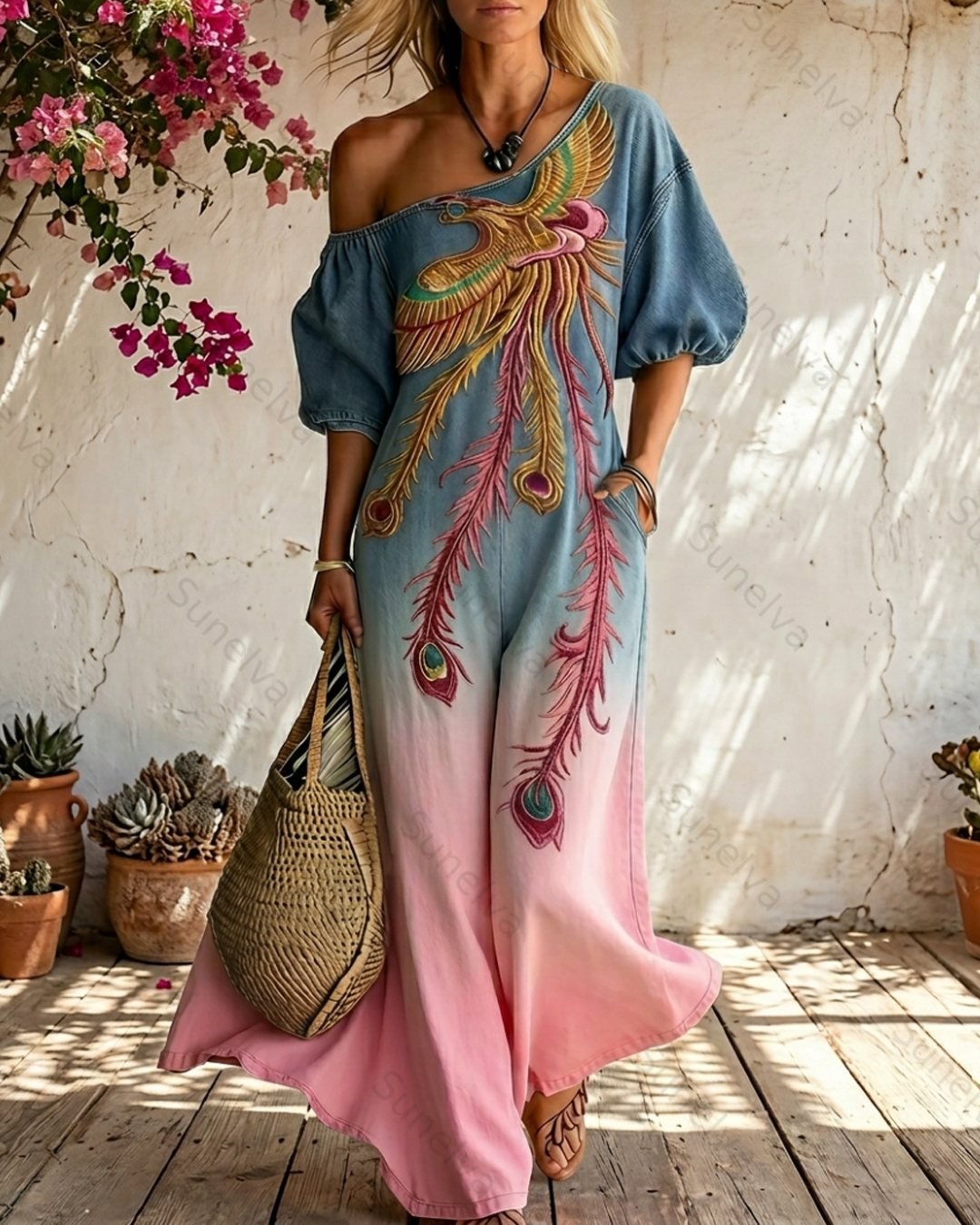 Women's Summer Phoenix Embroidered Washed Denim Dress  3640