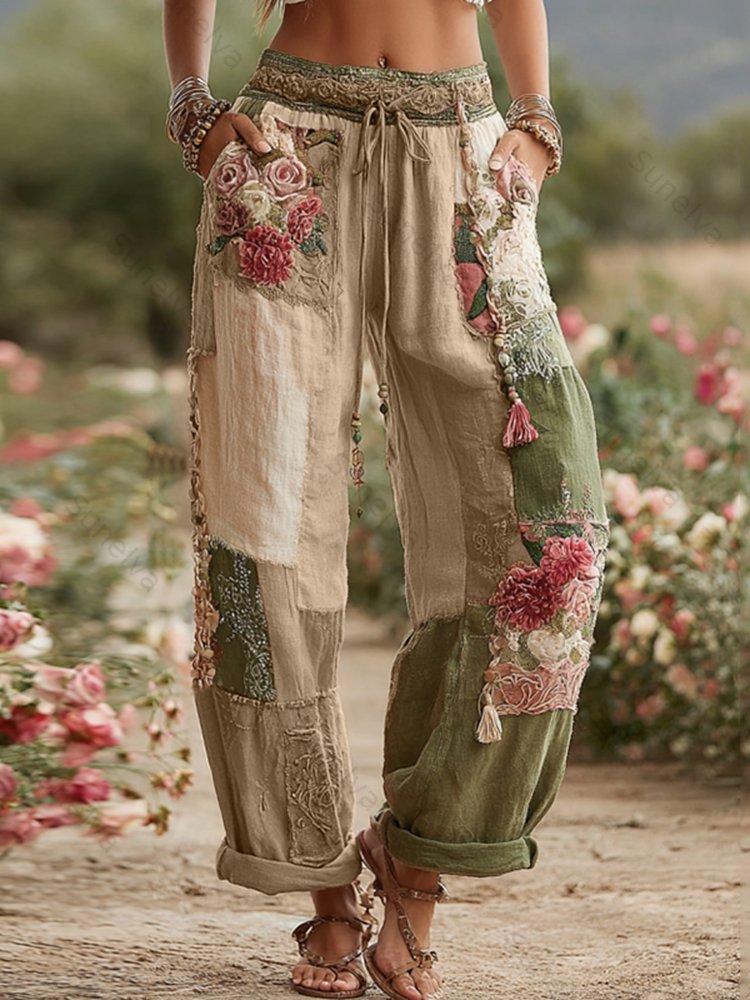 Love & Health Collection Retro Rose And Floral Patchwork Art Linen Pants b32c
