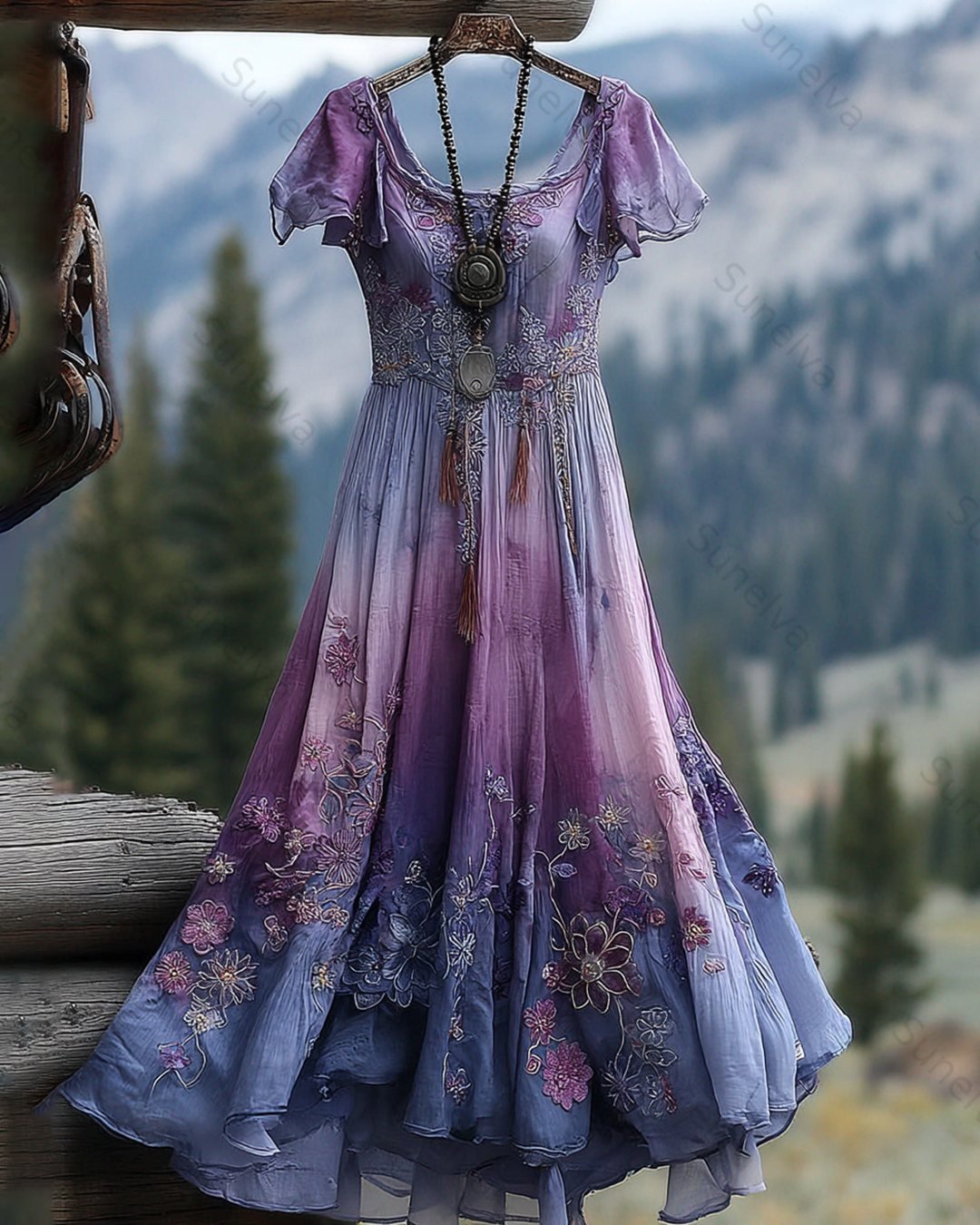 Women's Summer Floral Embroidered Gradient Short-Sleeve Dress 9751