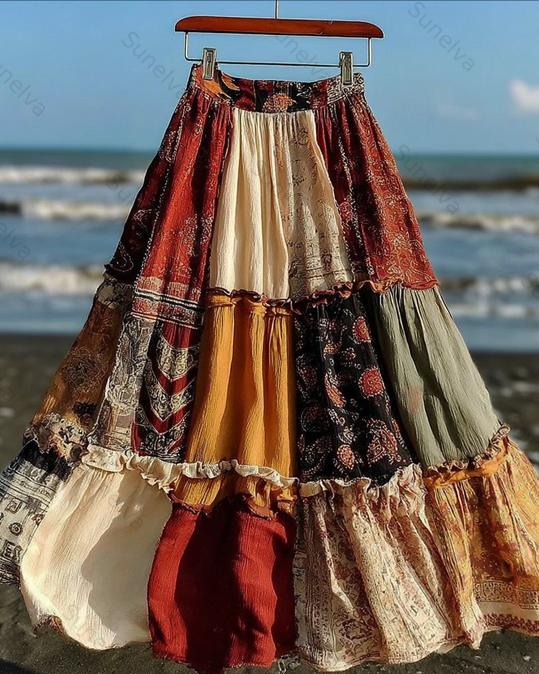 Women's Summer Vacation Fashionable and Elegant Ethnic Patchwork Midi Skirt 1964