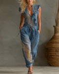 Women's Summer Flowers Embroidery Irregular Ruffle Linen Patchwork Jumpsuit  1500