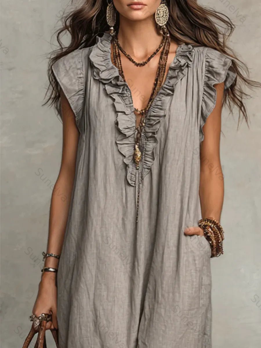 Women's Solid Color Ruffled Art Casual Fashion Cozy Cotton Linen Dress 5e35