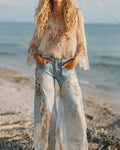 Women's Resort Style Floral Embroidered Linen Top & Pants Two-Piece Set  3255