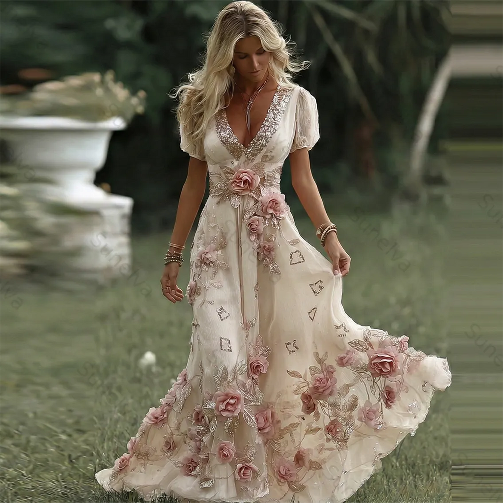 Women's Vintage Pink Rose Embroidered Art Pattern V-neck Short Sleeve Midi Dress 3c98