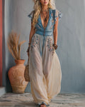 Women's Summer Flowers Embroidery Ruffle Linen Patchwork Jumpsuit  8787