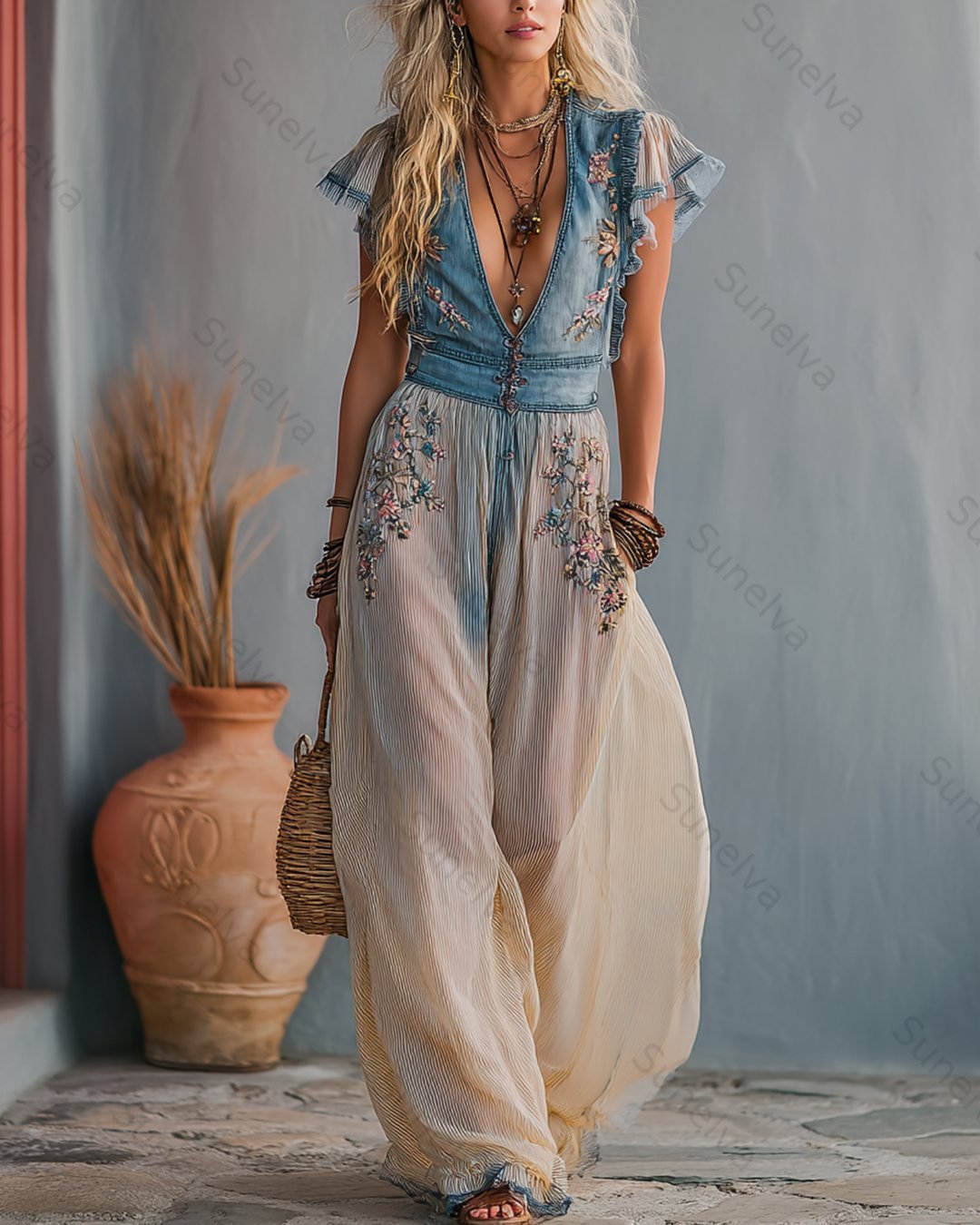 Women's Summer Flowers Embroidery Ruffle Linen Patchwork Jumpsuit  8787
