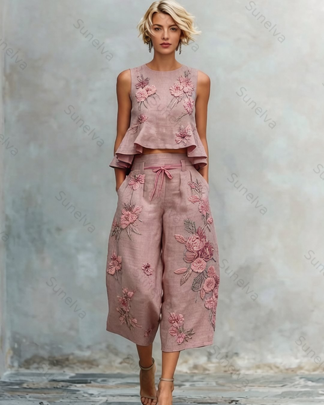 Women's Summer Resort Floral Embroidered Linen Sleeveless Top & Pants Two-Piece Set 3996