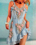 Women's Elegant Asymmetrical Ruffled Linen Floral Dress 9155
