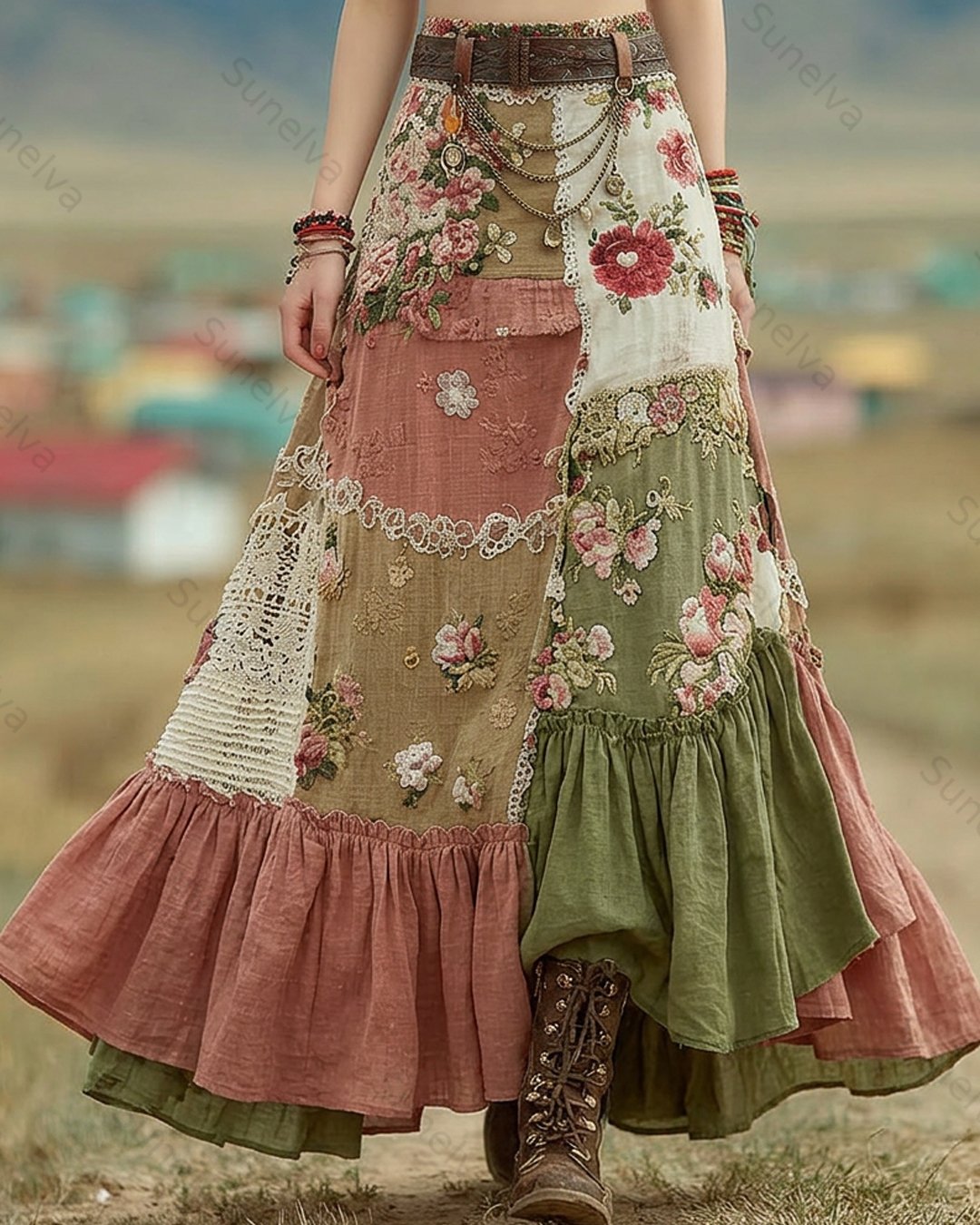 Women's Summer Elegant Floral Embroidery Patchwork Linen Midi Skirt    3452