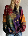 Women's Star and Moon Embroidery Sweatshirt with Contrast Stitching 112f