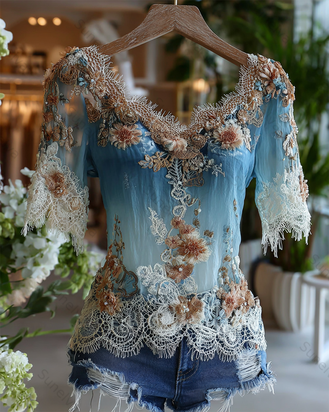 Women's Gradient Lace Patchwork Flowers Embroidery Blouse 6851