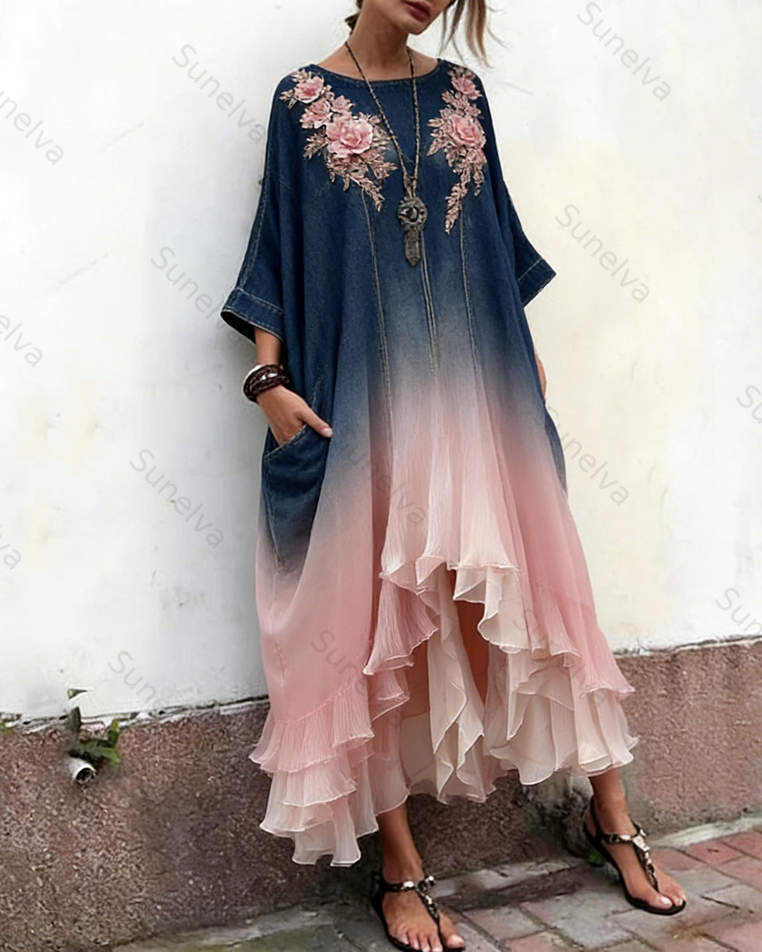 Women's Elegant Gradient Floral Embroidered Denim Dress 4281