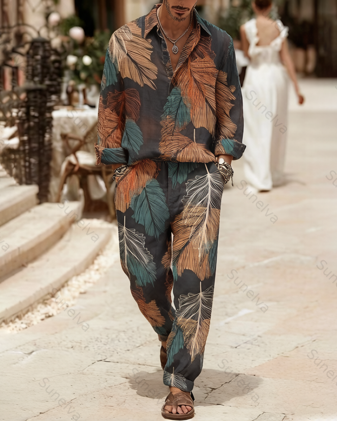 Men's Fashion Color-Blocked Print Long-Sleeve Shirt and Pants Two-Piece Set 7939