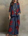 Women's Summer Resort Floral Embroidered Linen short-sleeved top & Pants Two-Piece Set   6766
