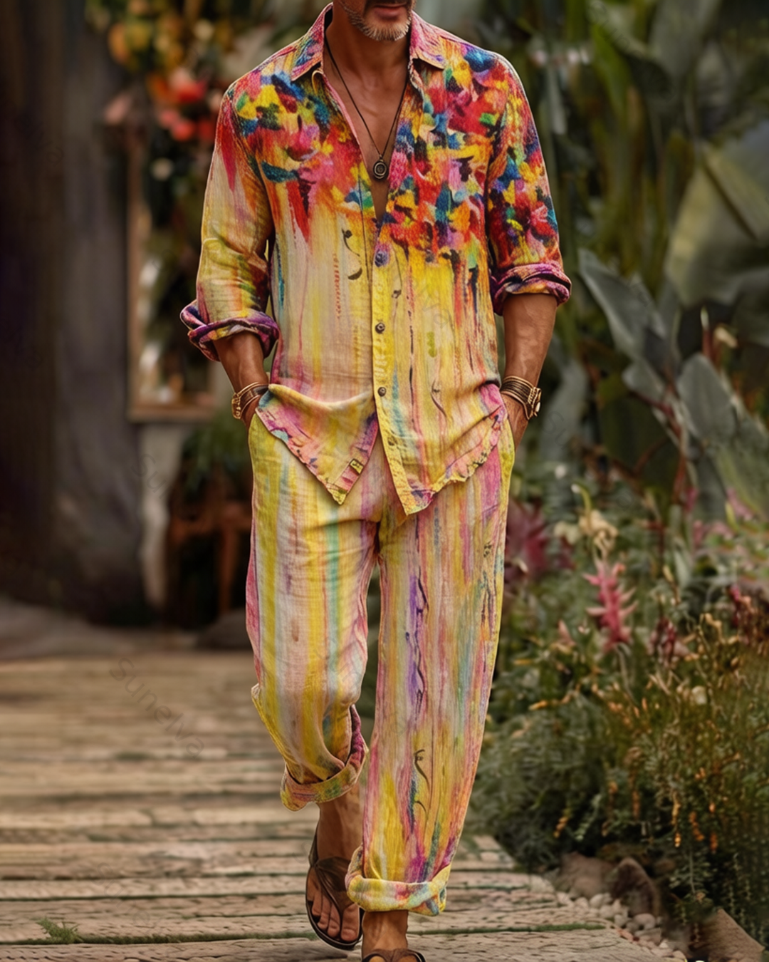 Men's Fashion Color-Blocked Print Long-Sleeve Shirt and Pants Two-Piece Set 5788