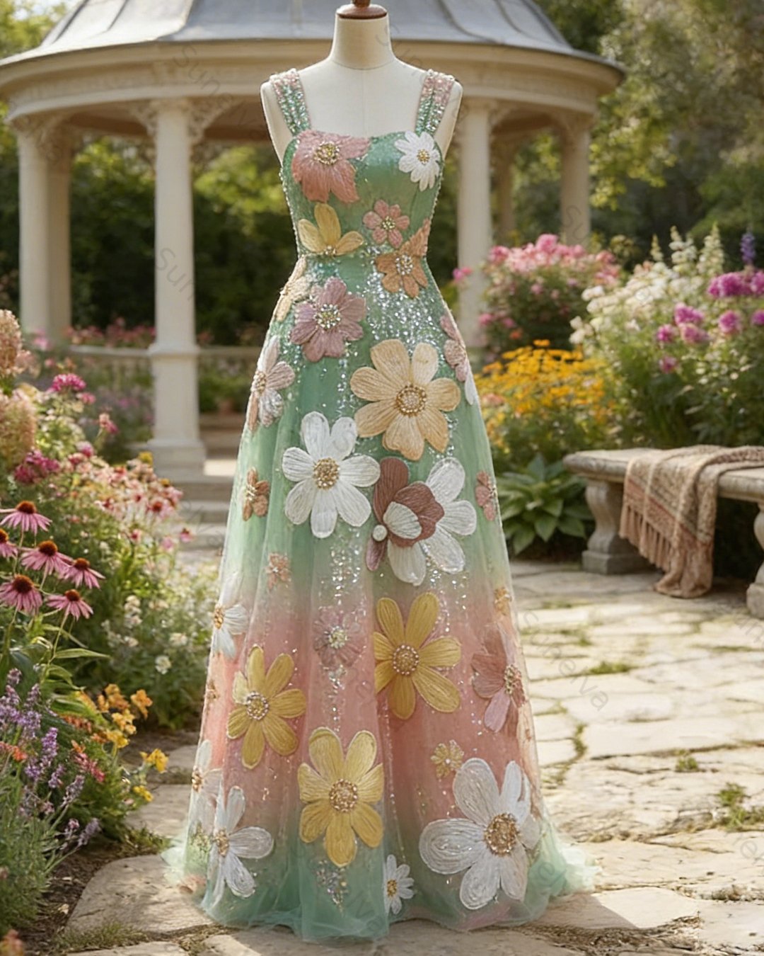 Women's Retro Bohemian Style Floral Embroidery Flowy Linen Maxi Dress  6589