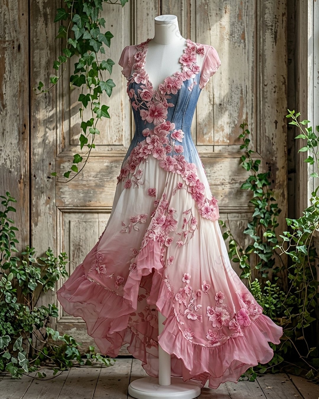 Women's elegant floral embroidered irregular ruffle patchwork dress 6090