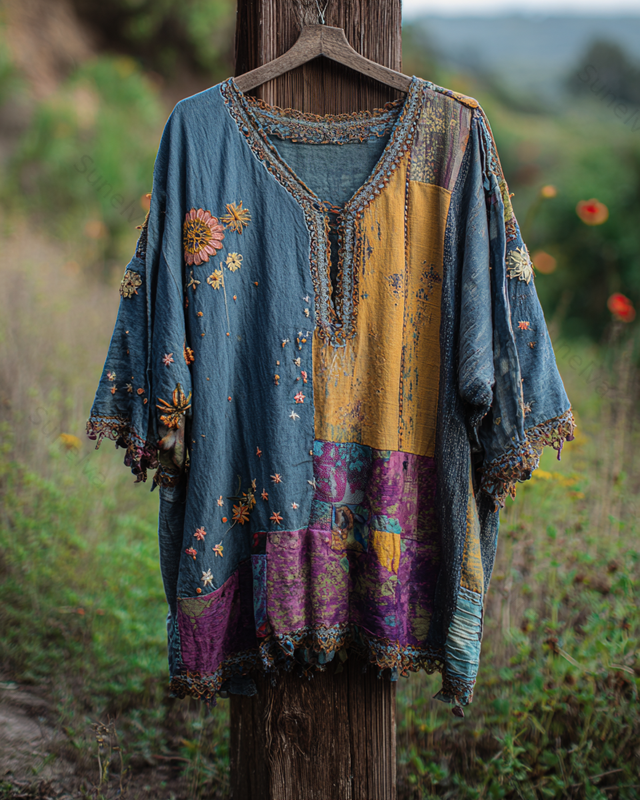 Spring/Summer Color Block Denim Cotton Linen Embroidered Top2953