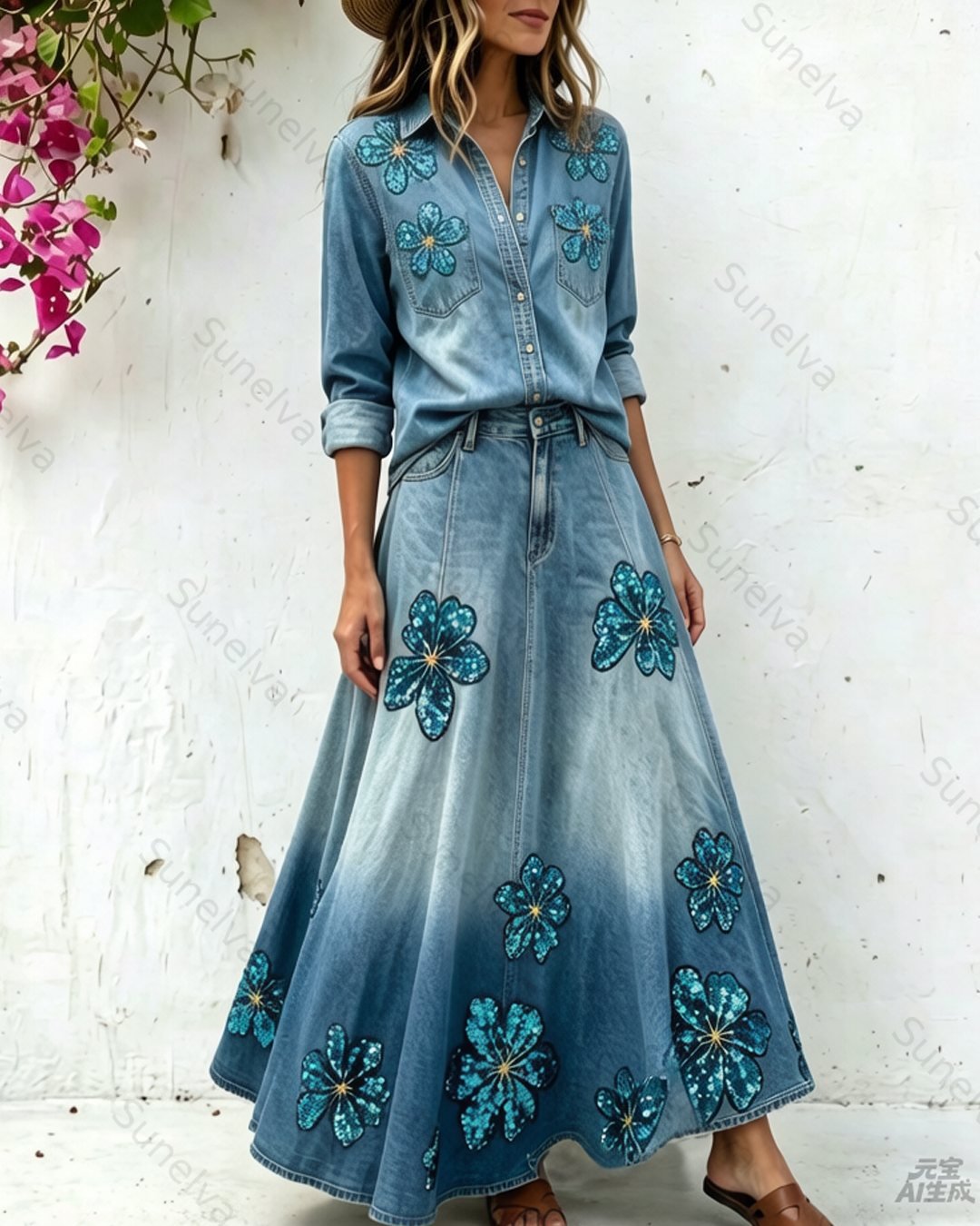Women's Summer Floral Embroidered Washed Denim Shirt & Skirt Two-Piece Set 9076
